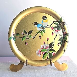 Vintage Elite England Small Tin Tray Gold with Floral & Birds Design 10" Round